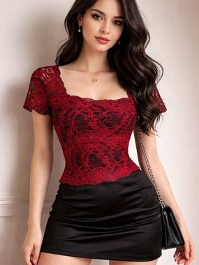 Vintage Y2K Red Lace Top Stretch Sheer Gothic Whimsigoth Coquette Cap Sleeves M